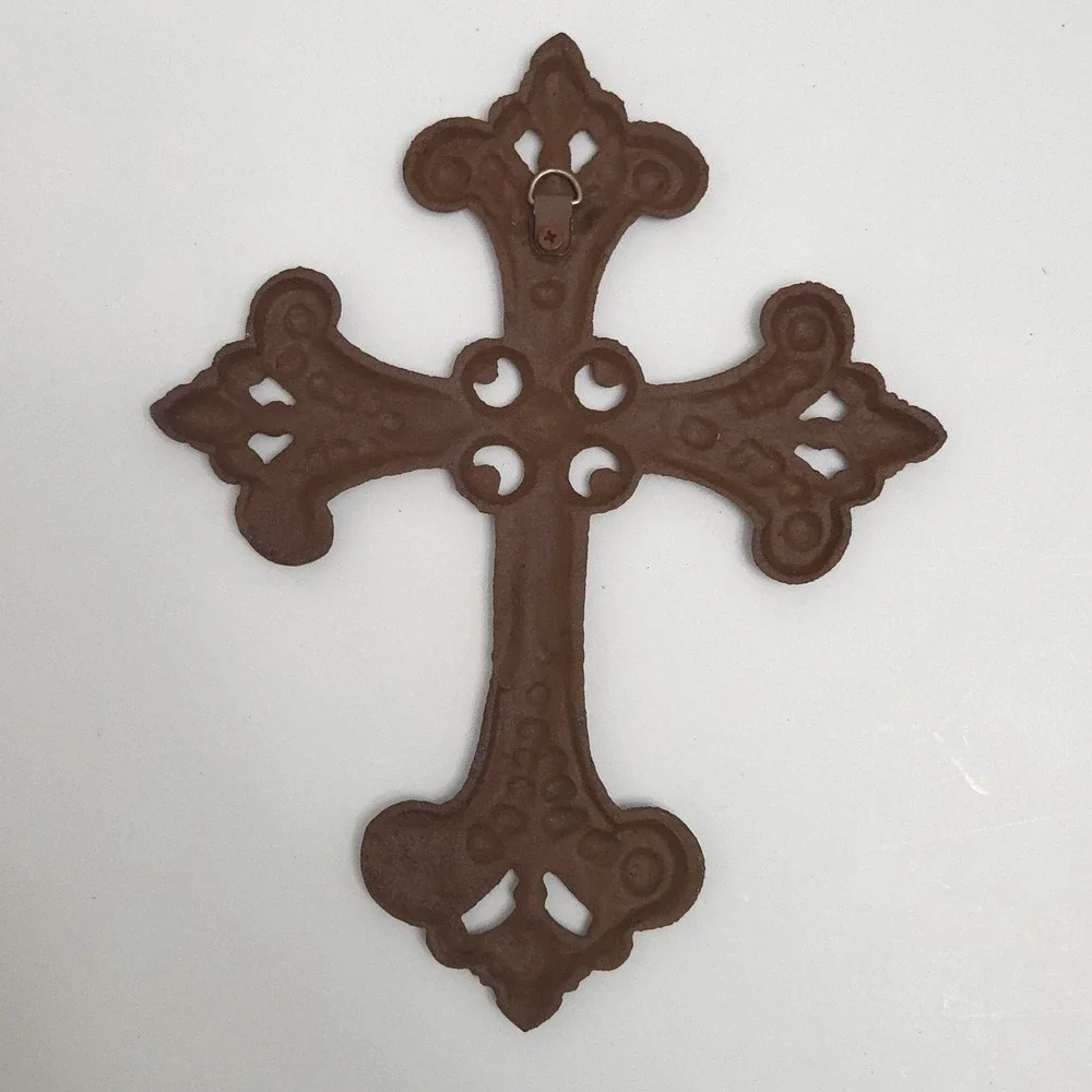 Cast Iron Brown Rusted Metal Dot & Scroll Christian Cross Rustic Wall Art